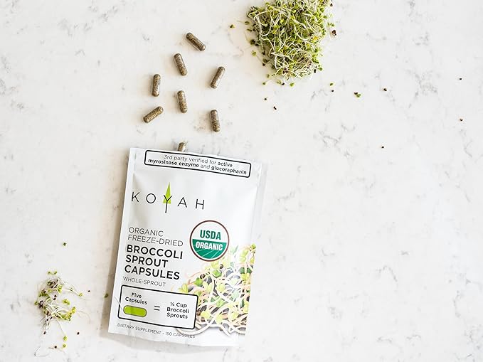 KOYAH - Organic Broccoli Sprout Capsules – Freeze-Dried Whole Broccoli Sprouts – 3rd Party Tested for Active Myrosinase & Glucoraphanin (Sulforaphane Glucosinolate) - 150 Capsules