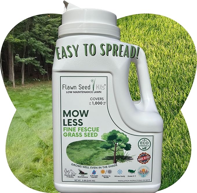 Flawn Seed Kits Mow Less Fine Fescue Grass Seed, 2 Lbs, Low Maintenance Lawn, Shade Tolerant, Easy Spread Shaker Jug, Covers up to 1000 SqFt