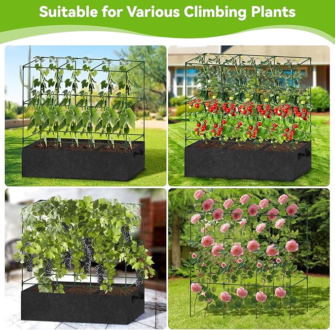 Cucumber Trellis with 46 Gallon Grows Bag, 51x17x65Inch Squar Outdoor Indoor Greenhouse Tomato Cage, Garden Trellis with Plant Support Clips for Climbing Plants Squash, Vegetables, Pumpkin, Pea, Grape