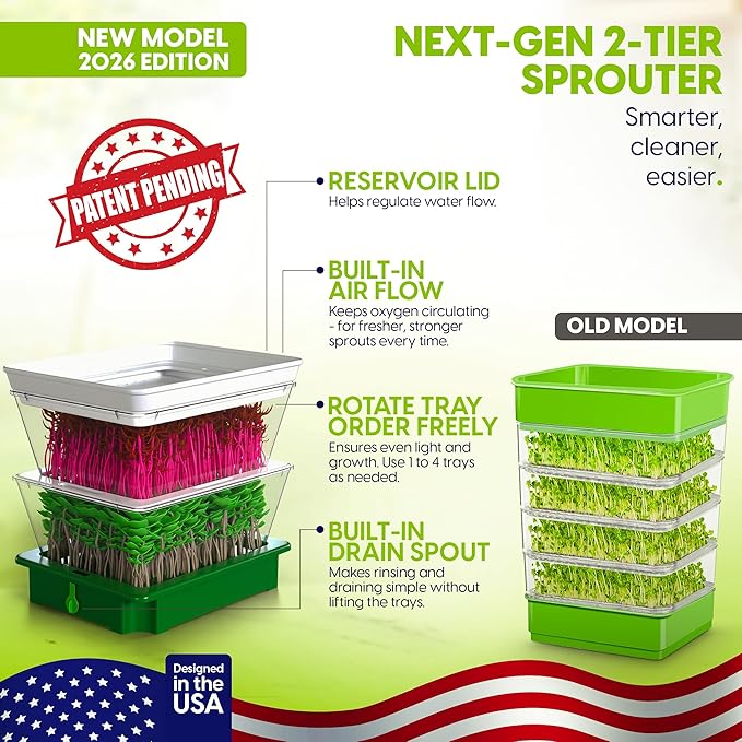 2026 Upgraded 2-Tier Stackable Seed Sprouter with Air Holes & Easy Sink-Draining Spout Tray – Soil-Free Sprouting System for Broccoli, Alfalfa & Bean Sprouts.