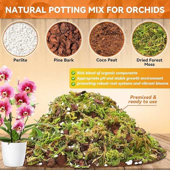 Riare 2QT Orchid Potting Mix for Repotting- Orchid Repotting Kit Include Moss, Pine Bark, Perlite, Coco Peat- Premium Orchid Soil Medium for Indoor Potted Plants Root Ventilation & Expanding