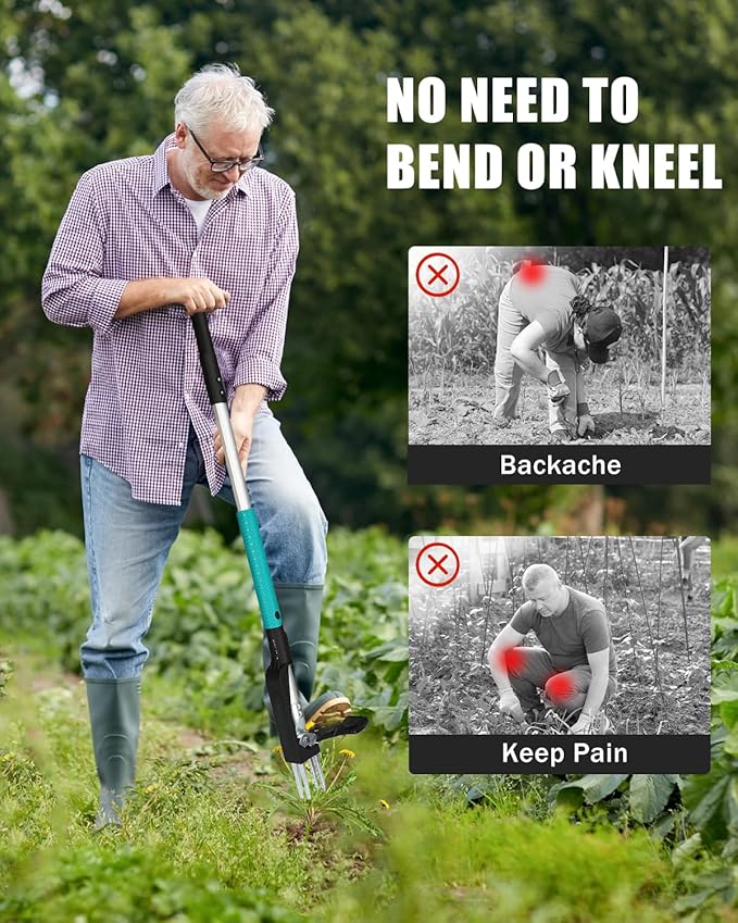 Breeze Touch Stand Up Weed Puller 39" with 4-Claw Hardened Steel Head, Heavy Duty Long Handle Weed Removal Tool for Lawn & Garden, Removes Deep-Root Weeds Like Dandelion & Crabgrass