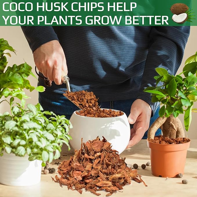 Halatool 10 Pcs Coco Husk Chips for Plants - 11 LB 100% Organic Coconut Coir Chips with Low EC and pH Balanced, Compressed Coco Substrate Growing Mulch Medium for Landscaping, Herbs, Plants, Flowers