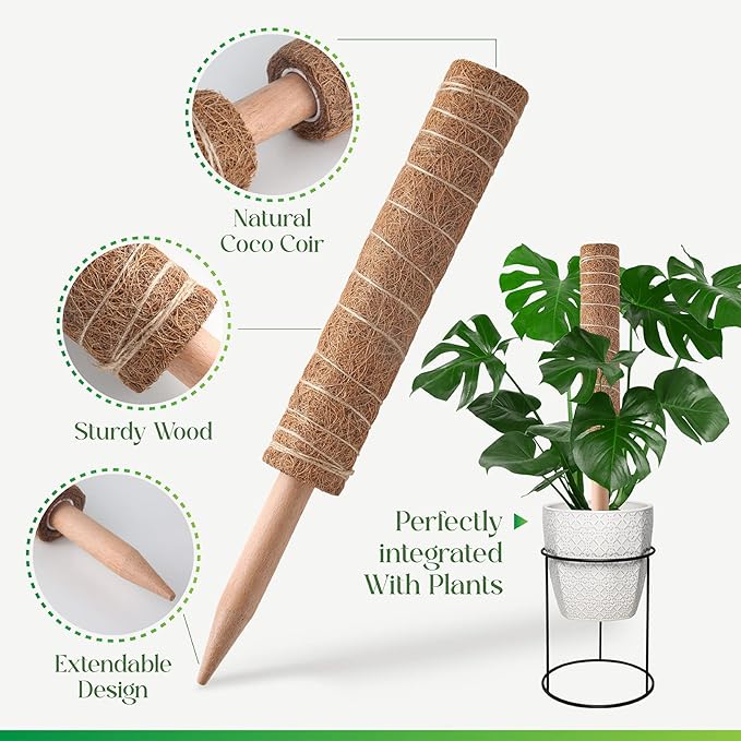 Pisol Moss Pole for Plants Monstera, Extendable Plant Sticks Support, Plant Stakes for Indoor Potted Plant, 15.7'' Coco Coir Pole Plant Trellis for Sphagnum, Pothos and Other Climbing Plants(4 PCS)