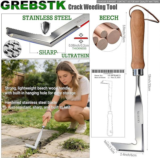 GREBSTK Crack Weeder Crevice Weeding Tool Manual Weeder Beech Handle Lawn Yard Gardening Tool