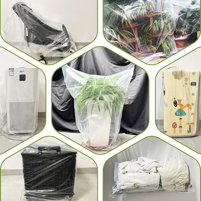 4 Pcs Winter Plant Film Cover with Drawstring-23.6’’x 31.5’’ Clear Plastic Plant Cover Bags Transparent Waterproof Plant Shelter Bag Greenhouse Cover Bag for Outdoor Garden Plants Shrubs Sapling Crops