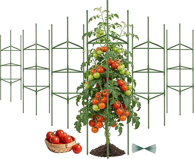 6 Pack Tomato Cage for Garden Plant Supports, Up to 53 Inch Tomato Trellis for Potted Plants, Heavy-Duty Garden Plant Stakes for Climbing Vegetables Plants Cucumber Peony Flowers, Green
