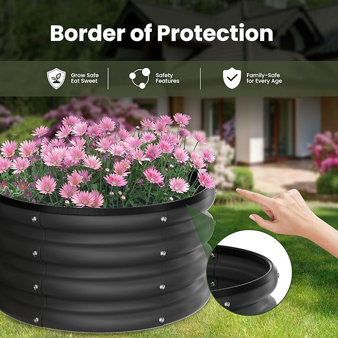 ZXZYHFTY Raised Garden Bed, 0.6 mm Galvanized Steel Round Planter Box with Open Bottom, Black, 2 x 2 x 1 FT, 1 Pack