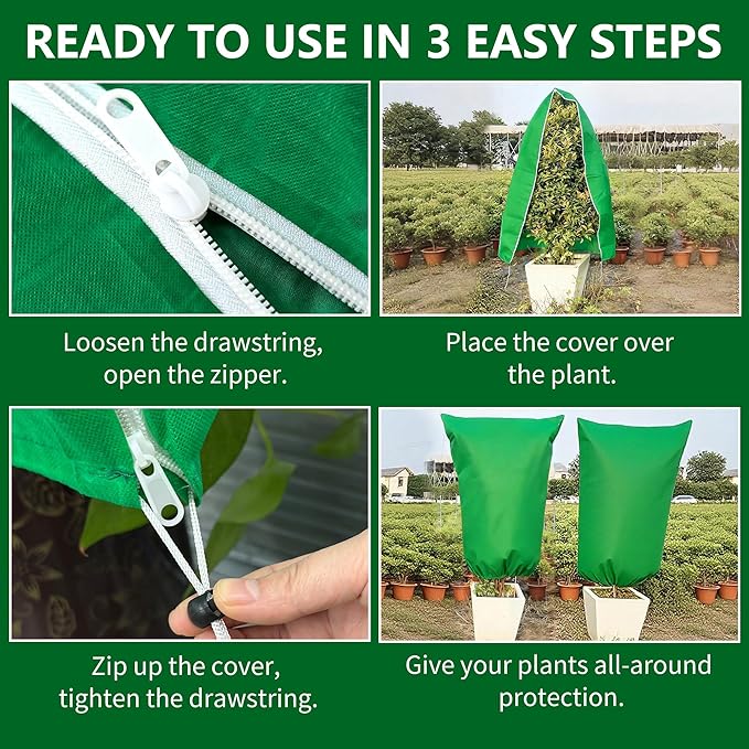 Spring Plant Covers Wind and Frost Protection, Reusable & Breathable Non-Woven Fabric Plant Covers with Zipper Drawstring to Protect Trees, Garden Flower, 5 Pack, Green, 31.5" x 47.3"