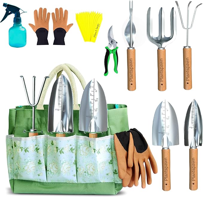 9 PCS Gardening Tools Set with Bag | Heavy-Duty Rust-Proof Hand Tools, with Wooden Handles 15 Plant Tags Included | Garden Tools, Gardening Essentials, Garden Supplies Gift for Men, Women & Gardeners