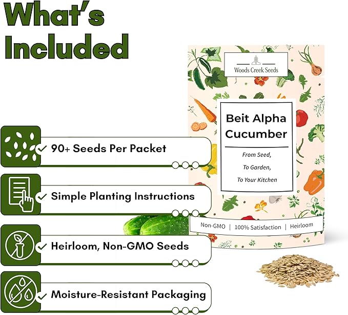 Beit Alpha Persian Cucumber Seeds for Planting - Heirloom, Non-GMO Cucumbers with Mild Flavor & Thin Skin – Fresh Eating Garden Seeds | Woods Creek Seeds