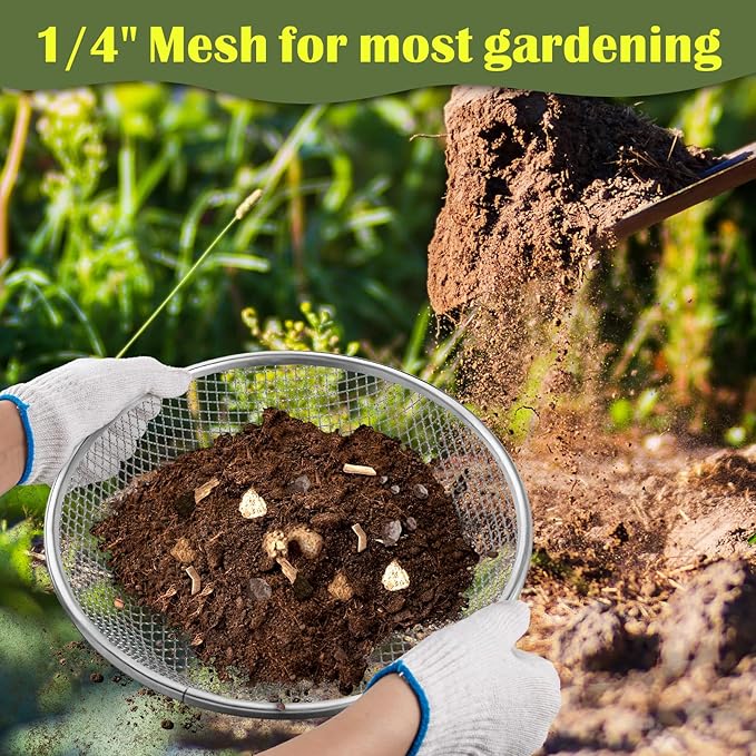 2PCS 1/4 Inch Mesh Soil Sifter for Gardening,Compost Sifter for 5 Gallon Buckets,Garden Sieve Rock Sifters for Captures Dirt Rocks Sawdust,Includes Gloves