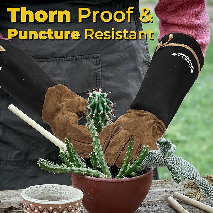 HANDLANDY Long Gardening Gloves for Men & Women, Pigskin Leather Rose Pruning Gloves, Breathable Thorn Proof Gauntlet Glove (Brown-Pigskin, L)