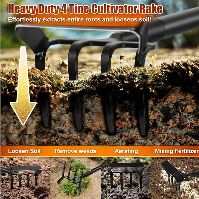 Garden Hoe with Cultivator Rake - Heavy Duty Stirrup Hoe Gardening Tool,Sharp Blade,60 Inch Adjustable Long Handle,Scuffle Action Hoes for Fast Weeding,Grass Weeder Removal,Loosen Soil