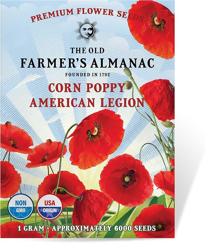 The Old Farmer's Almanac Poppy Seeds (American Legion) - Approx 5000 Flower Seeds - Premium Non-GMO, Open Pollinated, USA Origin