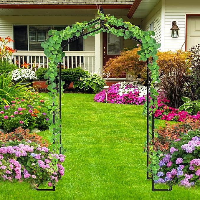 OUSHENG 7FT Garden Arch Trellis, Outdoor Steel Arbor for Climbing Plants, Archway Frame Stand Gate with Ground Stakes for Wedding Ceremony Decoration Party Vines Lawn Courtyard Patio Backyard