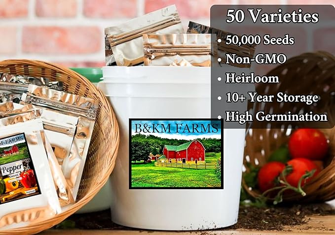 Survival Seed Vault: 50 Varieties, 50,000+ Non-GMO Heirloom Seeds - 5+ Year Supply in Secure Bucket + Growing Guide by B&KM Farms (2)