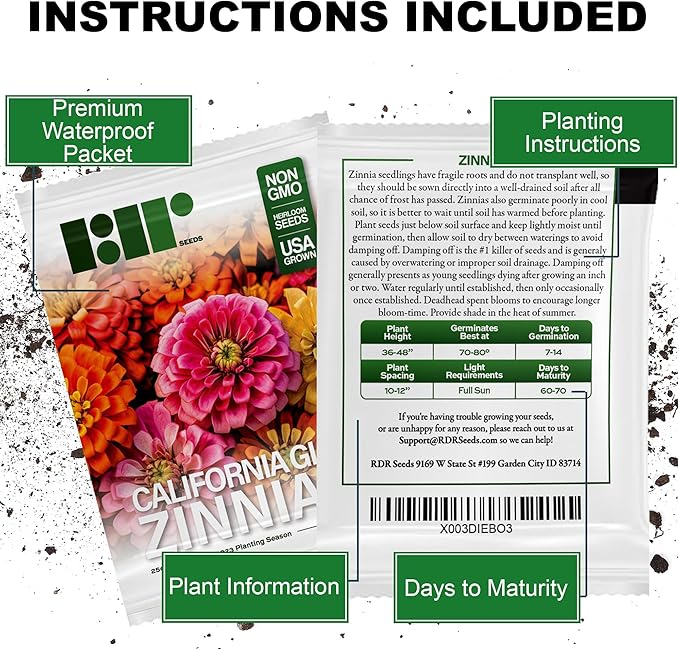 250 California Giants Zinnia Seeds for Planting - Heirloom Non-GMO USA Grown Premium Flower Seeds - Mix of Red, Orange, Yellow, White, Pink, and Purple Flowers - Attracts Butterflies by RDR Seeds