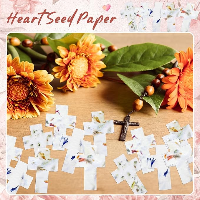 50 Pcs Handmade Seed Paper Plantable Wildflower Seed Paper Recycled Flower Petals Tags Wedding Favors for Guests Craft Gifts Cards for Envelope Birthday Party, 5 Styles (Cross)