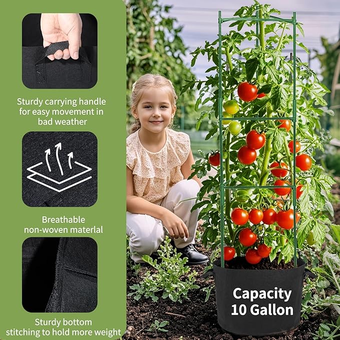 Tomato Cages with 10 Gallon Grow Bags for Garden, 3 Packs Up to 50” Height Heavy-Duty Steel Tomato Trellis, Adjustable Plant Stakes Support with Plant Clips, Garden Trellis for Climbing Vegetable
