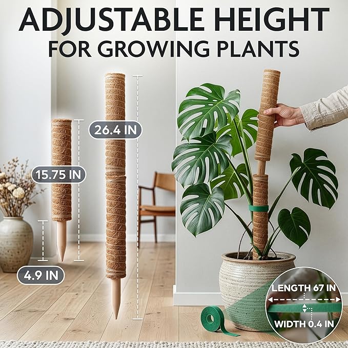 Moss Pole 26.4" Small Monstera Plant Support 2 Pcs Set - Pothos Plant Climber Support with Connectable Design and Fixation Strip - Coconut Fiber Moss Poles for Monstera, Money Plants, Philodendron