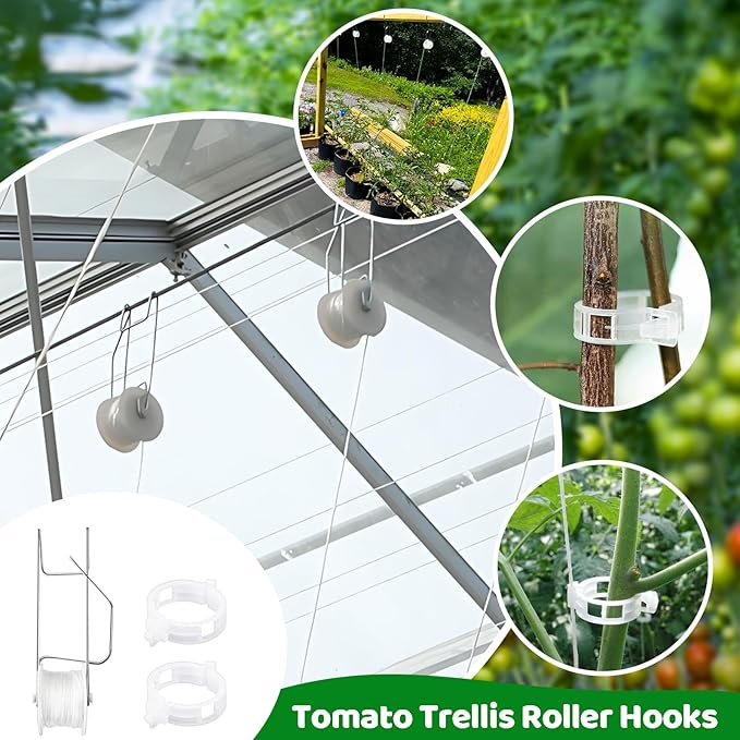 Greenhouse Trellising Kit, 10 PCS Tomato Hooks with String & 100 PCS Support Clips, Metal & Nylon, White, Linear Plant Support, Tomato Trellis