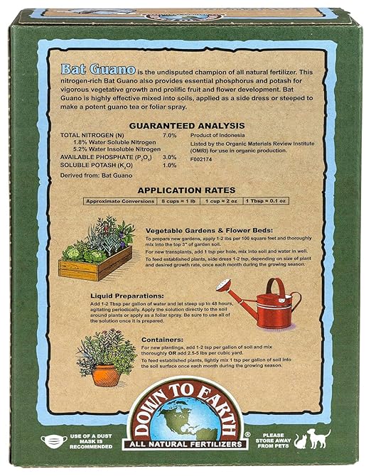 Down To Earth All Natural Fertilizers Organic Bat Guano - High Nitrogen Plant Food for Vegetative Growth 7-3-1, 0.25 lb