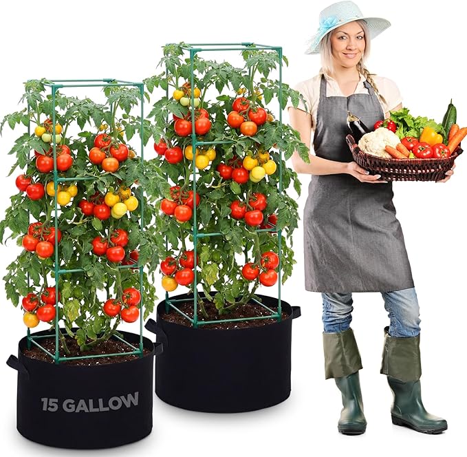 2 Packs Tomato Cages with Grow Bags 15 Gallon Planter Bags 48" Tomato Trellis for Garden Heavy Duty Plant Support Stakes for Vegetables Climbing Plants