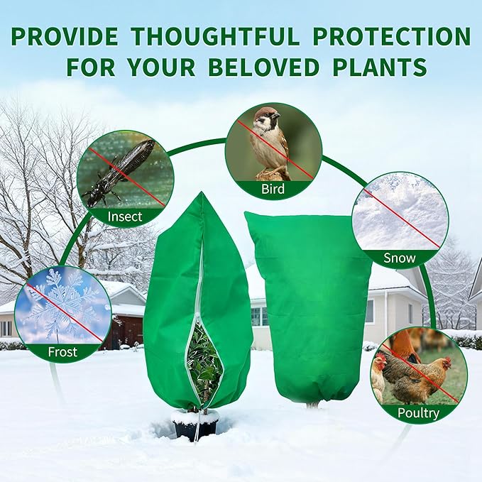 Spring Plant Covers Wind and Frost Protection, Reusable & Breathable Non-Woven Fabric Plant Covers with Zipper Drawstring to Protect Trees, Garden Flower, 5 Pack, Green, 31.5" x 47.3"