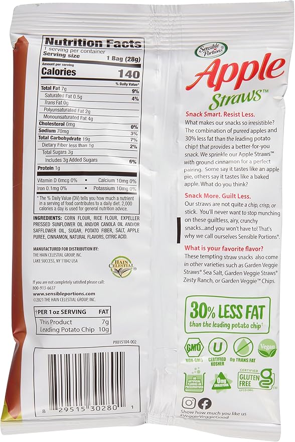 Sensible Portions Veggie Straws - Garden Snacks Variety Pack, Sea Salt, Ranch, Cheddar, Apple Cinnamon, Gluten Free Bulk Snacks, 1 Oz (Pack of 24)
