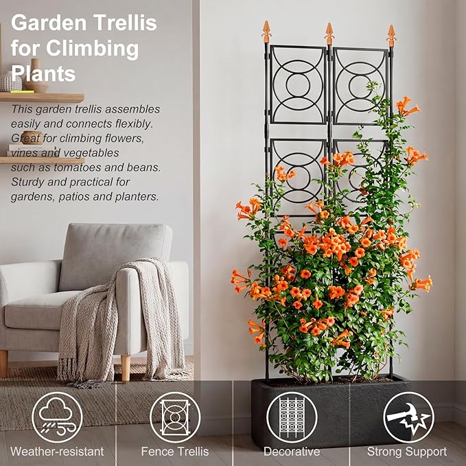 Trellis for Climbing Plants Outdoor, 24 Rifny Tall Garden Trellis Flower Rose Cucumber Trellis for Vines Pea Support, Wall Large Plant Trellis Fence with Plastic Coated Metal Poles, 2 x 6.2 FT