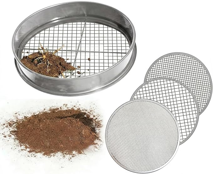 11.8 Inch Garden Soil Sifter Set Dirt Sifter with Interchangeable Screens,Multi-Functional Rock Sifter for Gardening Compost Bonsai and Sand Separation (Silver)