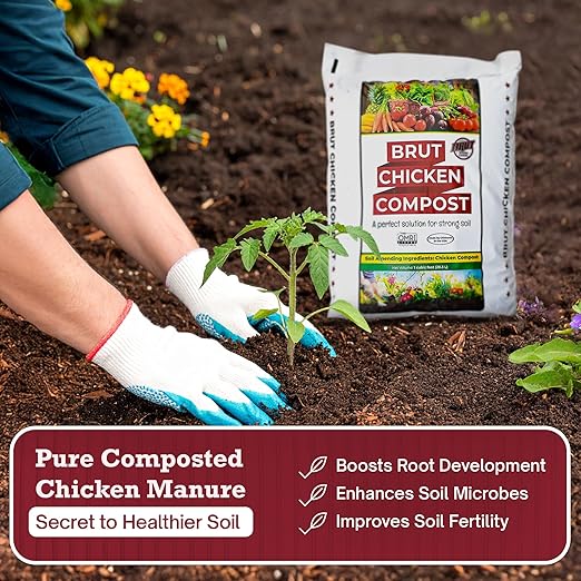Brut Chicken Compost – Nutrient-Rich 100% Composted Chicken Manure Soil Amendment – Safe, Pure Organic Compost – Additive-Free Soil Fertilizer for Vegetable Gardens, Flowers, Indoor Plants – 1CubicFt