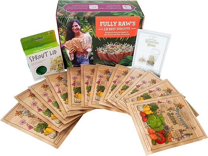 12 Variety Pack Organic Sprouting Seeds - Fully Raw Kristina's Sprouts Growing Kit with Sprouting Lid & Book - Alfalfa Seeds, Mung Bean, Radish, Clover Seed, Salad Mix, Pea, Health Blend, & More