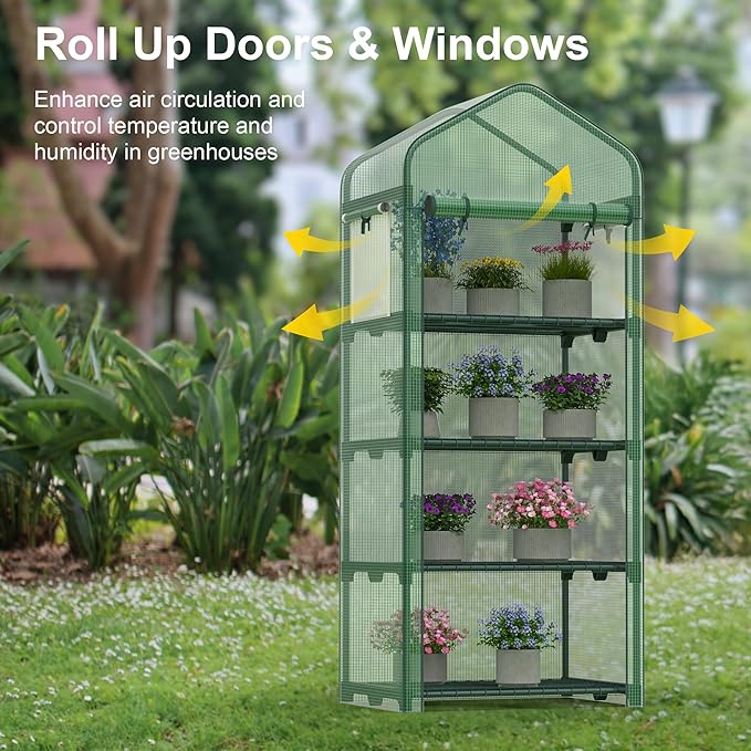 Kecreque Mini Greenhouse 4-Tier Small Greenhouses for Outdoor Indoor 27"x19"x63" Portable Greenhouse w/ Screen Windows & Waterproof PE Cover Green House for Backyard Balcony Seedling Raising