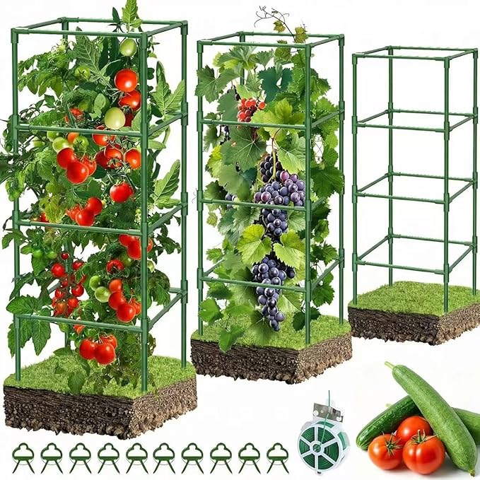3 Pack Square Tomato Cages, 42 inch Heavy Duty Metal Steel Tomato Plant Cage Support with Clips, Height Adjustable Tomatoes Trellis for Raised Garden Bed Climbing Plants