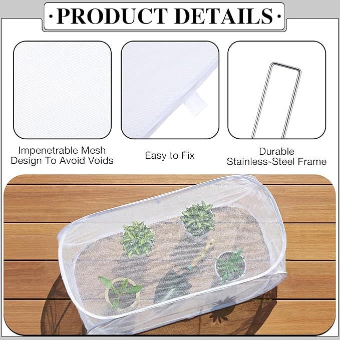 4 Pcs 39" x 18" x 16" Pop up Garden Mesh Plant Cover Outdoor Plant Protector Garden Row Raised Bed Cover with Ground Nails Crop Cage Net for Seedlings Vegetable Fruit Herbs (White)