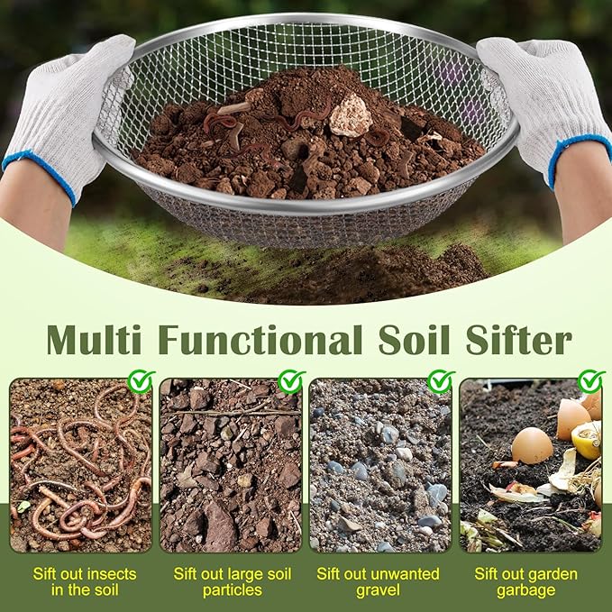 2PCS 1/4 Inch Mesh Soil Sifter for Gardening,Compost Sifter for 5 Gallon Buckets,Garden Sieve Rock Sifters for Captures Dirt Rocks Sawdust,Includes Gloves
