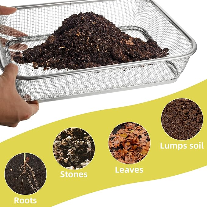 2PCS Soil Sifter for Gardening, Large Stainless Steel Rock Sifter, Square Garden Compost Sieve, Dirt Sand Sifter, Captures Dirt Rocks Sawdust for Garden Use (0.12'' 0.24'' Aperture)