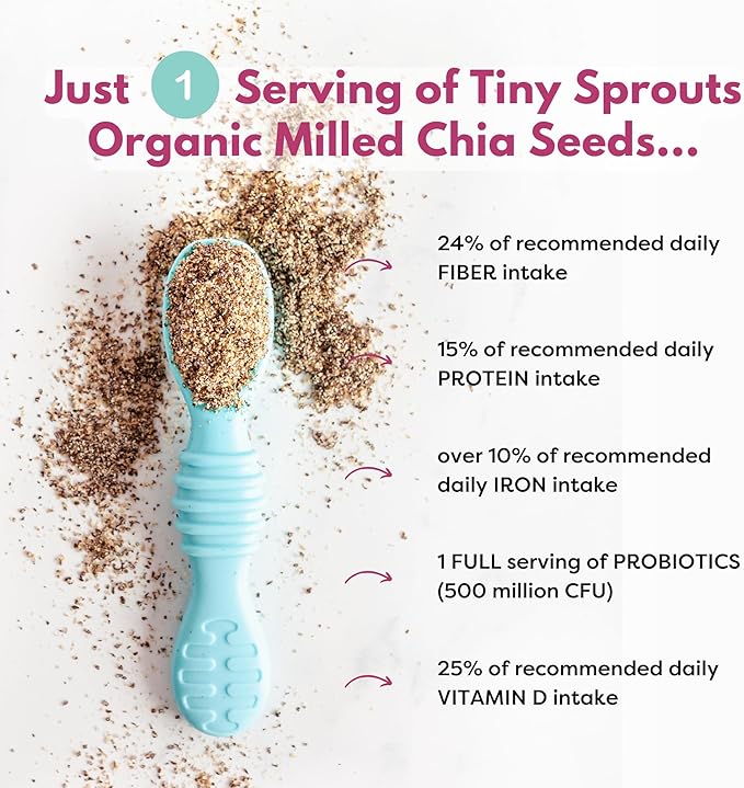 Tiny Sprouts Organic Milled Chia Seeds + Full Serving Probiotic + Vitamin D3 I Kids Superfood Nutrition Booster I Plant-Based Omega-3, Prebiotic Fiber, Calcium, Protein I Gluten-Free, Dairy-Free Superseed Blend I 7 oz x 1 Pack