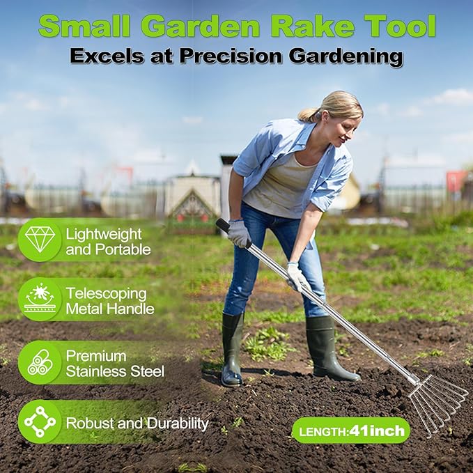 Landscape Rakes for Lawns Leaf Leaves, Small Hand Cultivator, Clam Tool for Cleaning Debris, Weeds, Grass, Pine Needle Remove in Yard, Flower Beds, Herb Rock Garden Care - Stainless Steel