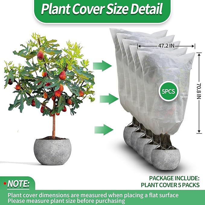 Avalution Plant Covers Freeze Protection, 5 Packs Frost Cloths for Outdoor Plants, 71" X47" Reusable Frost Blankets, 2.2oz Tree Cover Freeze Protection Drawstring Bags for Potted Shrub