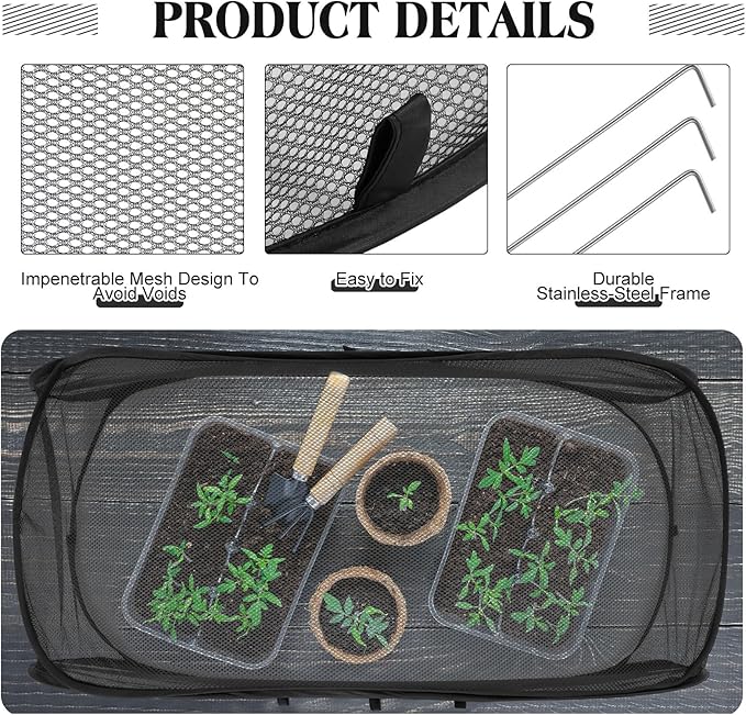2 Pcs 39" x 18" x 16" Pop up Garden Mesh Plant Cover Outdoor Plant Protector Garden Row Raised Bed Cover with Ground Nails Crop Cage Net for Seedlings Vegetable Fruit Herbs (Black)