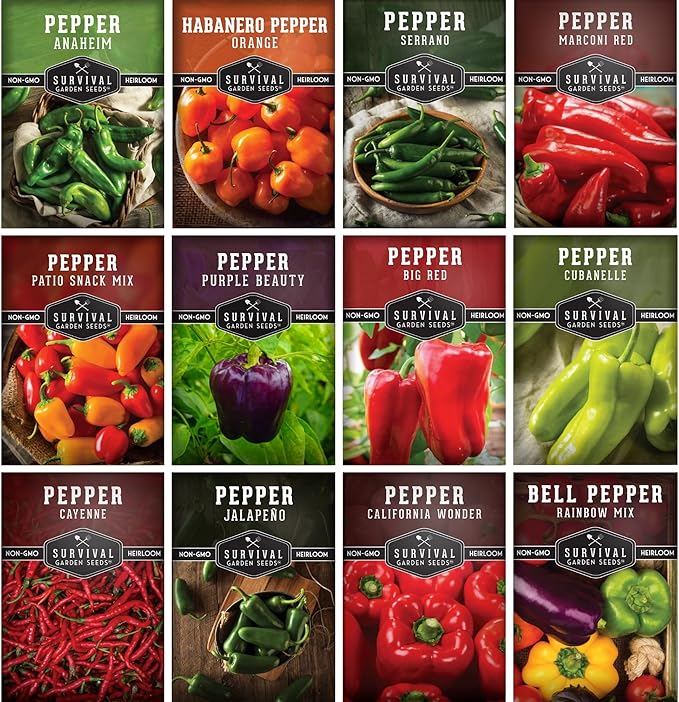 Pepper Seeds for Planting - 12 Variety Pack | Jalapeño, Serrano, Cayenne, Bell, Habanero, Anaheim & More – Hot & Sweet Heirloom, Non-GMO Pepper Seed Varieties – Survival Garden Seeds