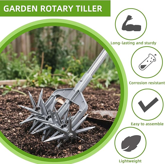 Rotary Cultivator, Adjustable Hand Tiller Garden Tool with Detachable Solid Metal Tines for Loosing and Mixing Soil,2-in-1 Manual Tiller Garden Cultivator for Reseeding Grass 58 Inch