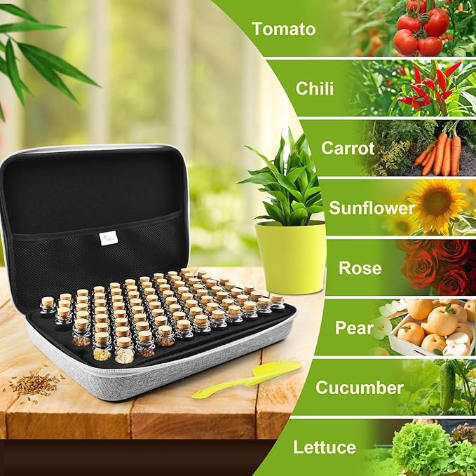 SMUJU 80 Slots Seed Storage Organizer with 40 Seed Envelopes, Sturdy Organizer Storage Box with Label Stickers, Glass Container for Flower Vegetable Garden Seed Saving (Seeds not Included)
