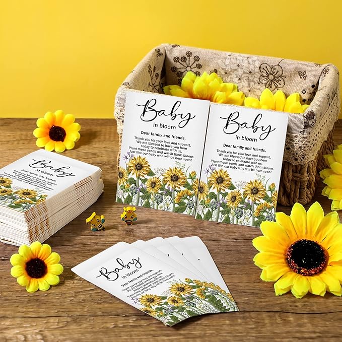 Fumete 50 Pcs Baby Shower Seed Packet Self Adhesive Kraft Envelopes Baby in Bloom Seed Storage Packets Mini Kraft Retro Paper Organizer for Gender Reveal Party, No Seeds(Sunflower)