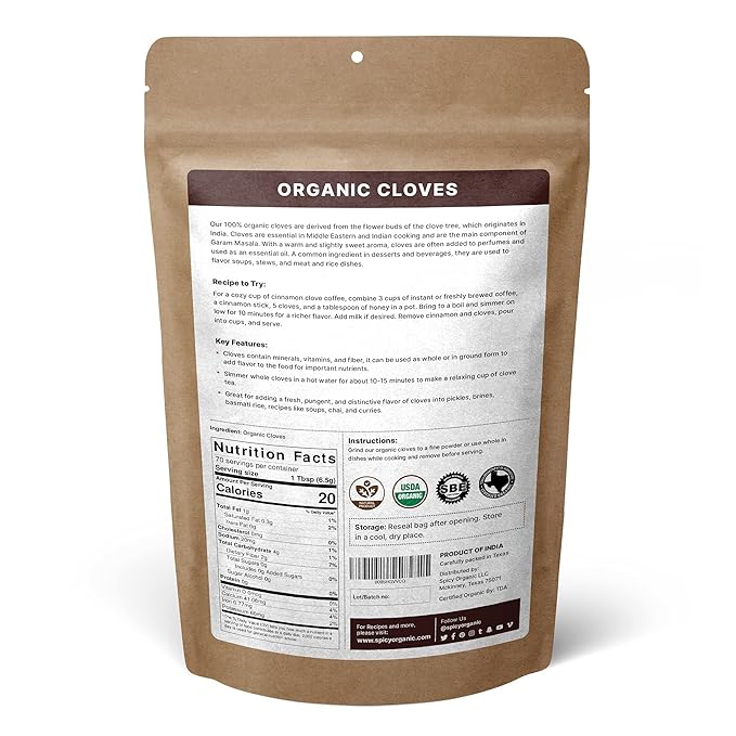 SPICY ORGANIC Cloves Whole - 100% Pure USDA Organic - Non-GMO, Keto Friendly, Non-Irradiated Fresh Clove Seed Spice - 16 OZ