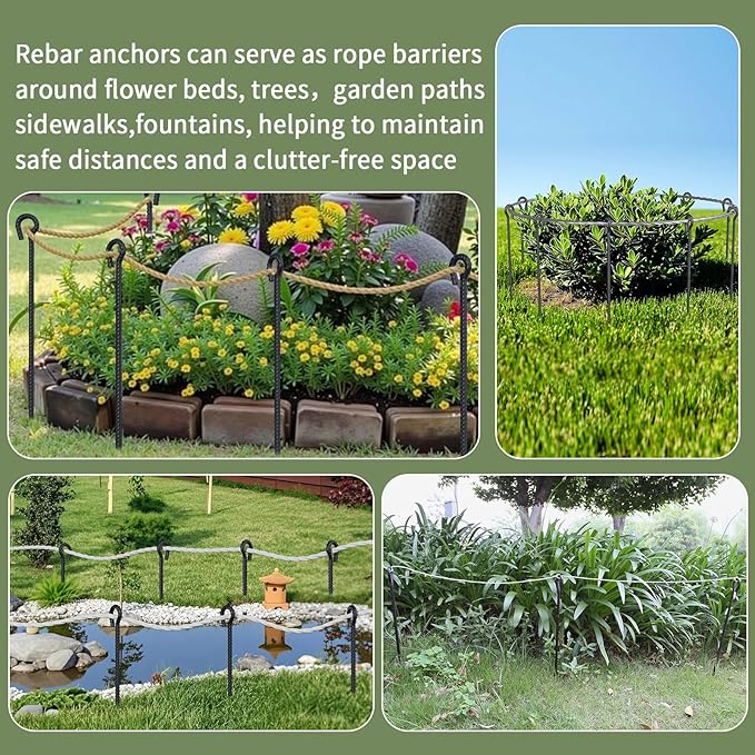 18 Inch Rebar Stakes with Loop 12 Pack Camping Tent Ground Anchors Heavy Duty 1/2 Inch Diameter Metal Tree Stakes and Supports for Leaning Trees, Dog Tie Out Stake, Garden Rope Fence Stakes, Black