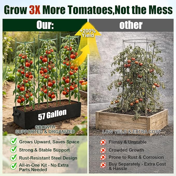 3-Pack Tomato Cages with 57 Gallon Raised Garden Bed - 48" Anti Collapse Heavy Duty Plant Support Trellis for Climbing Vegetables Plants Flowers ,Adjustable Vertical Tomato Trellis for Garden Balcony